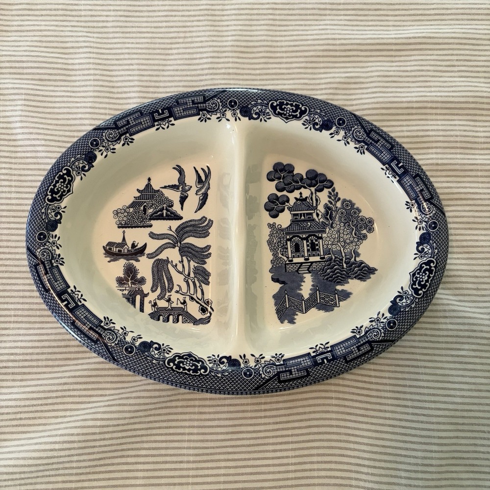 Churchill Blue Willow Pattern Divided Dish Vintage Serving Platter Blue & White